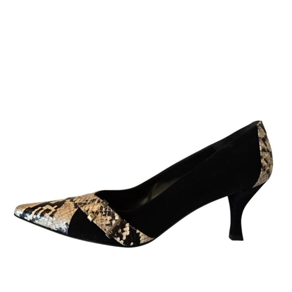 Stuart Weitzman Womens Black Suede with Snakeskin Accent Dressy Pump Heel 8.5N